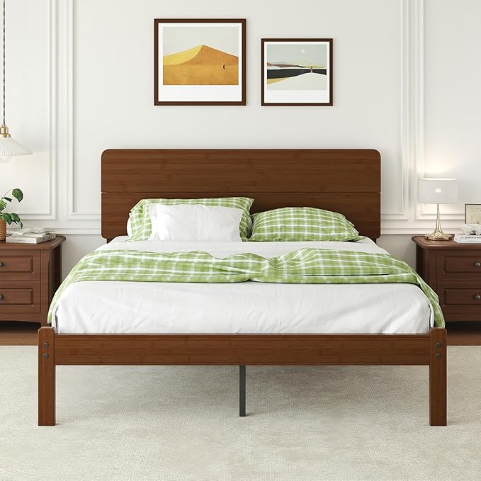 Askeld 14 Inch Bamboo Queen Bed Frame with Headboard, Solid Wood Bed Frames Queen Size No Box Spring Needed, Easy Assembly, Noise Free, Walnut Color