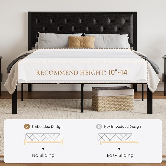 SHA CERLIN Queen Size Metal Platform Bed Frame, PU Leather Upholstered Button Tufted Headboard, Mattress Foundation with 12.4” Under-Bed Storage, Noise-Free, Easy Assembly, No Box Spring Needed, Black
