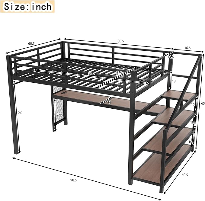 Queen Size Loft Bed with Desk and Storage Stairs,Metal Heavy Duty Loft Bed Queen Size with LED Light, Charging Station, LoftBed Frames for Teens, Adults, No Box Spring Needed, Black