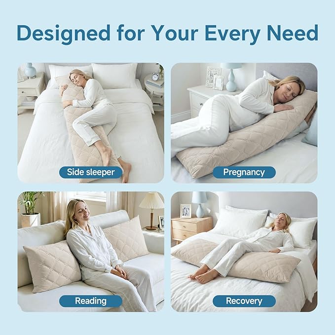 BEDELITE Cooling Body Pillow for Adults, Creative Ultra Soft Cool-Touch Quilted Nylon-Spandex Body Pillow Cover, Adjustable Memory Foam Long Pillow for Side Sleepers, Pregnancy & Back Pain(Linen)