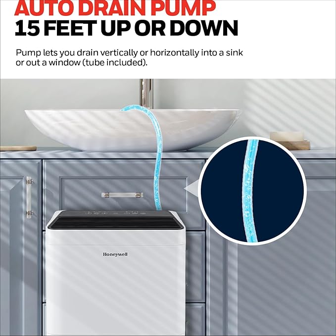 2024 NEW! Honeywell 50-Pint ENERGY STAR Dehumidifier with Built-in PUMP – Laundry Mode, Auto-Comfort Mode & Thermal Overload Protection, TPFIT50PWK