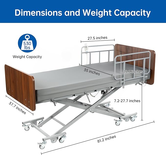 Hospital Bed with 3 Electric Functions, Ultra Low Electric Medical Bed with 6" Foam Mattress, Adjustable Height 7.2”-27.7”, Easy Installation, 530 lbs Capacity