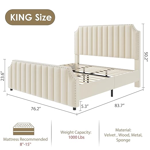 GarveeHome King Size Platform Bed Frame with 50.2 in Headboard, Velvet Upholstered Bed Frame with Vertical Channel Tufted Headboard & Footboard, Nailhead Trim, No Box Spring Needed, Cream