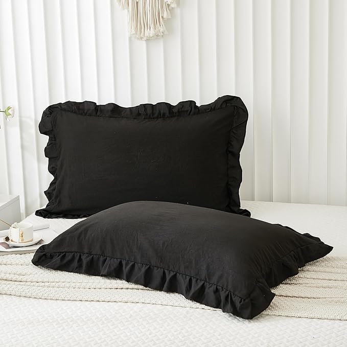 Merryword Black Pillow Shams Standard Pillowcases 20x26inch Black Ruffle Cute Pillow Cover Set of 2 Shabby Chic Soft Microfiber Pillowcases