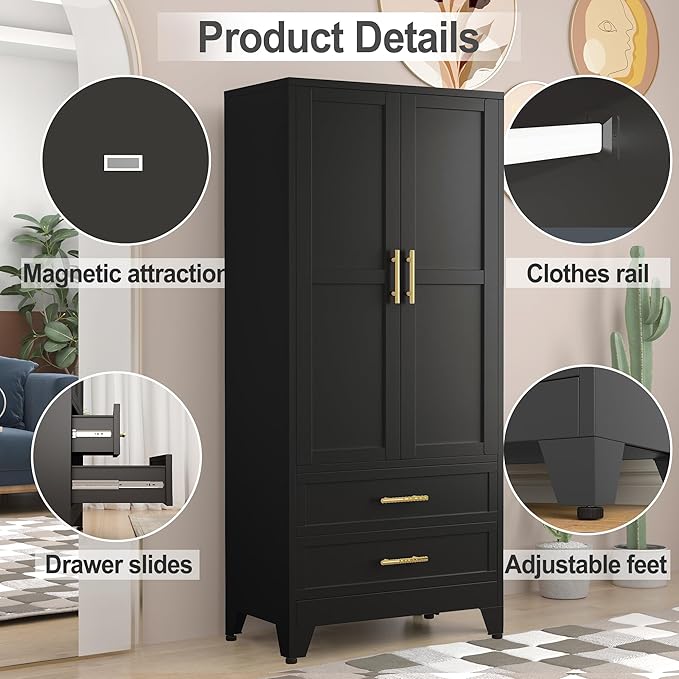 RIETERN Metal Armoire Wardrobe Closet, 71" Tall Bedroom Closet with 2 Drawers, Adjustable Shelves, and Hanging Rod, Steel Clothes Closets and Storage, for Bedroom Black