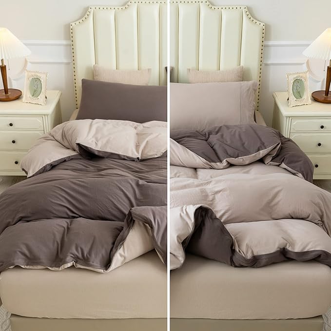 PURE ERA Jersey Knit Duvet Cover Set 100% T-Shirt Cotton Super Soft Comfy 3pc Bedding Set with Zipper Closure (Solid Brown/Dark Beige, King)