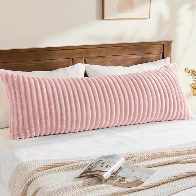 BEDELITE Fluffy Faux Fur Body Pillow Cover with Zipper, Luxury Plush 3D Striped Pillow Cover 20x54 Inches, Super Soft and Cozy Long Body Pillow Pillowcase for Bed Sofa Couch Room Decor(Pink)