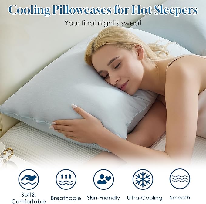 CHOSHOME Cooling Pillow Cases Zipper Pillow Covers Q-Max > 0.45 Zippered Pillowcases for Hot Sleepers, Soft, Breathable, Skin-Friendly, 2 Pack (Standard, 20"x26", Ice Blue)