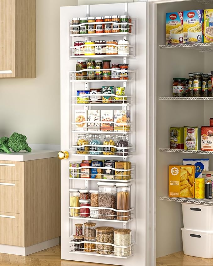 Moforoco White Narrow 9-Tier Over The Door Pantry Organizer, Pantry Organization and Storage, Metal Hanging Basket Wall Spice Rack Seasoning Shelves, 12.2"