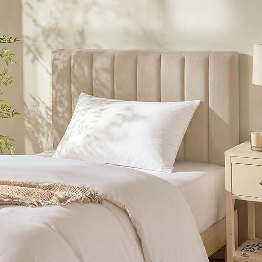 Hearth & Harbor Upholstered Twin Headboard - Easy Assemble Channel Stitched Headboard Twin Size - Wall Mounted Headboards with 3D Soundproof Wall Panels Peel & Stick Floating Headboards, Beige