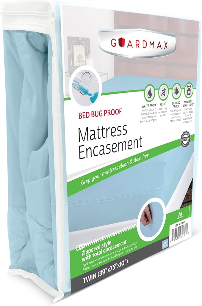 Guardmax Twin Mattress Encasement with Zipper, Waterproof, Bed Bug Proof, and Dust Mite Proof Mattress Protector for Twin Size Bed up to 10" Deep, Zippered All Around Jersey Knitted Mattress Cover