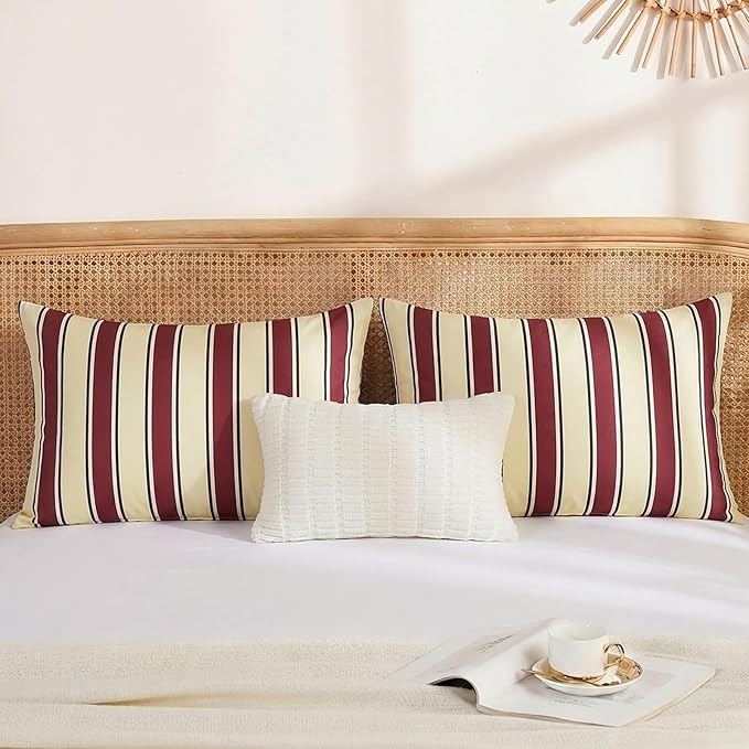 Merryword 100% Cotton Pillow Cases, Queen Size Pillowcases, Burgundy & Cream Striped Pillowcases, Luxury Linen Like Pillowcase, Soft Breathable Stripes Pillow Covers, Set of 2