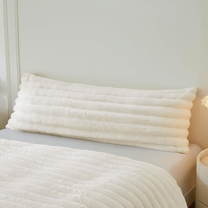 MEGO Luxury Faux Rabbit Fur Body Pillow Cover, Fulffy Cozy Plush Fuzzy Striped Ivory Bed Pillowcase 20x54 with Zipper, Home Decor Furry Bedroom Long Pillow Cover for Pregnancy Side Sleeper, Beige