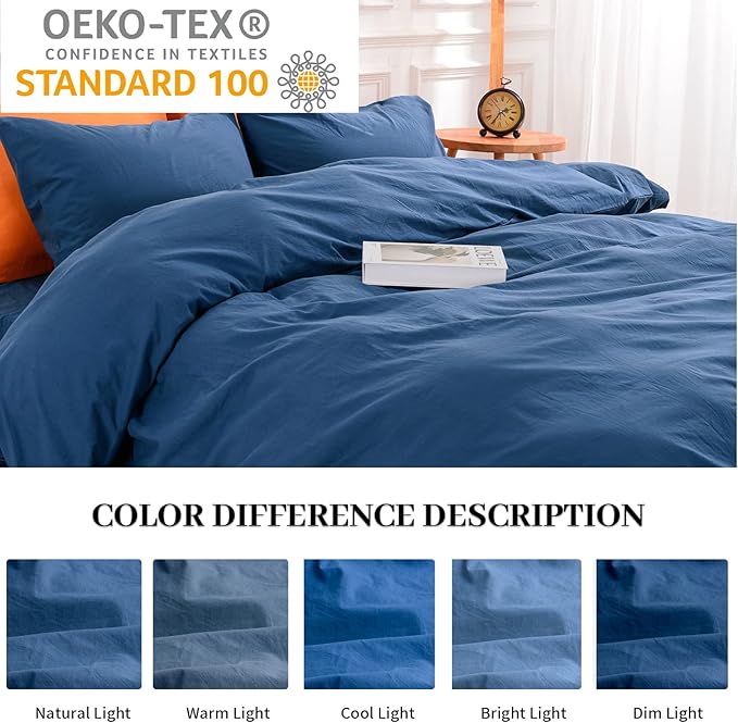 NEXHOME PRO Duvet Cover Set 100% Washed Cotton Full Size Linen Feel Textured Organic Natural 3 Pieces Bedding Set with Zipper Closure and Corner Ties, Breathable and Soft (Blue, No Comforter)