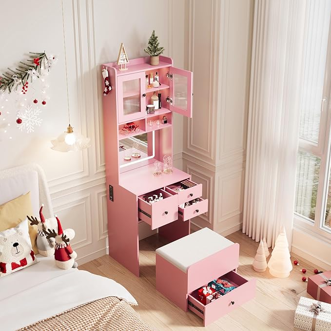 Garvee 3 in 1 Vanity Desk with LED Light, Tall Makeup Vanity Set with 2 AC Outlets & USB-c, Dressing Table with Drawers & Acrylic Doors, Nightstand Vanity Mirror, Jewelry Box, Cushioned Chair, Pink