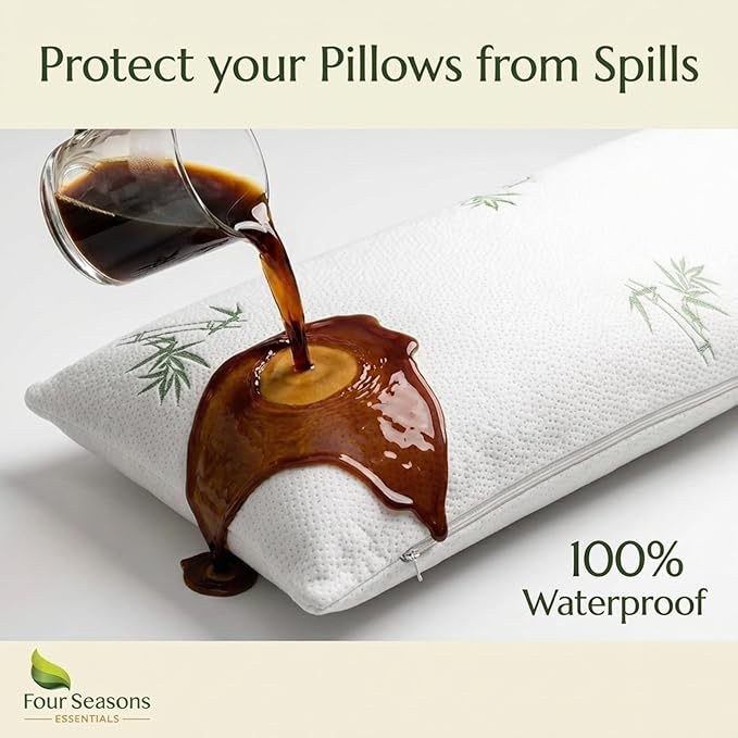 Four Seasons Essentials Body Size Waterproof Pillow Protector (Set of 1) - Natural Viscose derived from Bamboo Pillow Covers - Hypoallergenic Dust Proof Zippered Encasements for 20" x 54" Pillows
