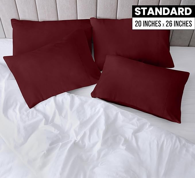 Utopia Bedding Standard Pillow Cases - 4 Pack - Envelope Closure - Soft Brushed Microfiber Fabric - Shrinkage and Fade Resistant Pillow Covers Standard Size 20 X 26 Inches (Standard, Burgundy)