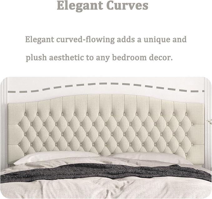 Befurtori Linen Upholstered Headboard King Size, Tufted King Headboard for King/California King Adjustable Bed, Curved Integrated Design with Tufted Solid Wood Head Board (Light Cream)
