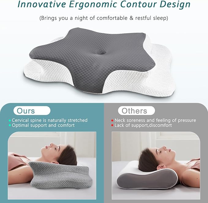 CHxxy Cervical Neck Pillow for Pain Relief Sleeping, Memory Foam Pillows, Ergonomic Side Sleeper Pillows, Cooling Orthopedic Neck Support Pillow for Back Stomach Sleepers-Queen Size Grey&White