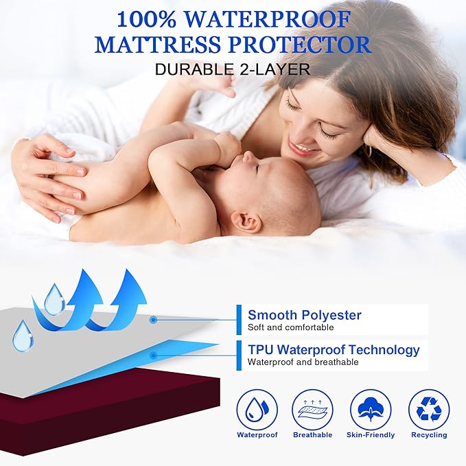 Sufdari Full Size Mattress Protector,Waterproof Mattress Protector,Fitted Sheet Style Mattress Cover with 18" Deep Pocket,Washable and Comfortable-Dark red,Full