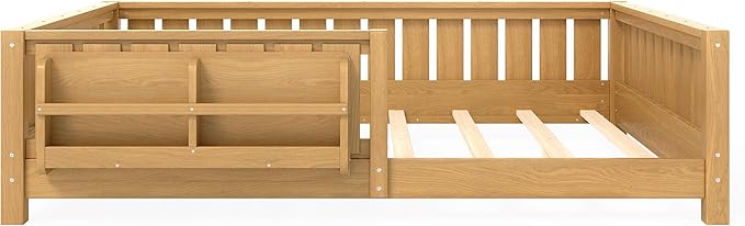 Bellemave Full Size Kids Montessori Bed with Bookshelf,Solid Wood Full Floor Bed Frame with Fence and Slats for Girls Boys,Low-Profile,Light Natural