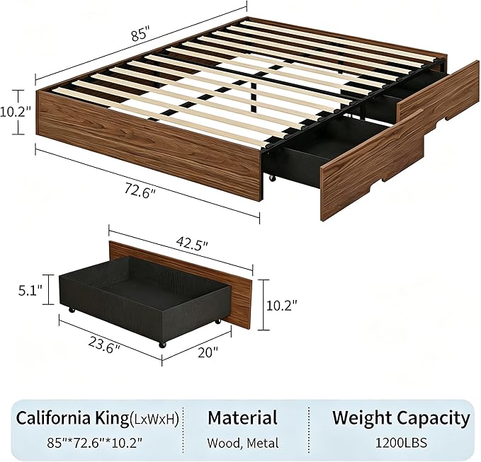 IDEALHOUSE California King Bed Frame with 2 Storage Drawers, Wooden Bed Frame Without Headboard, Minimalist Floor Platform Bed, Wood Slat Support, No Box Spring Needed, Easy Assembly