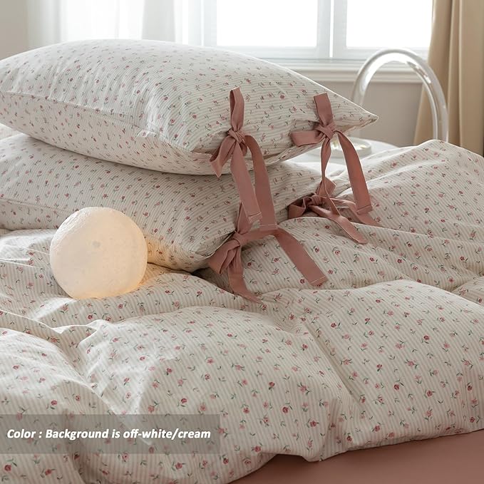 VM VOUGEMARKET Full Duvet Cover Set,3 Pieces Pink Flower Stripes Prints Duvet Cover with 2 Bowknot Pillowcases Vintage Floral Bedding Set Full Size 80"x90",Off-White/Cream