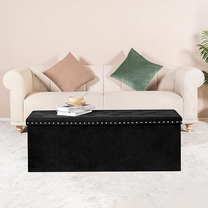 PINPLUS Black Storage Ottoman Bench for Bedroom, Folding Velvet Chest with Benches Foot Rest Stool, Large Long Shoes Chest for Bedroom, Living Room, 43.3"x15.7"x15.7"