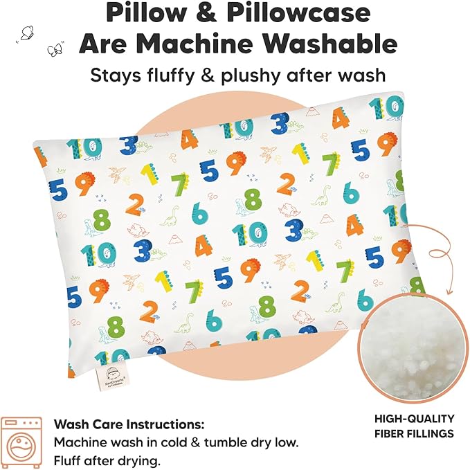 Toddler Pillow with Pillowcase - 13x18 My Little Dreamy Kids Travel Bed Pillows for Sleeping, Organic Cotton Small Pillowcase, Soft & Breathable, Machine Washable, Toddlers 2-5 years old (Dino123)