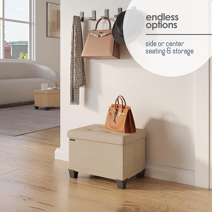 Storage Ottoman Cube with Small Bin, 16-in Square Ottoman with Storage for Living Room and Bedroom, Small Ottomans Foot Rest, Fabric Foot Stools Ottomans Max 330lbs, Taupe