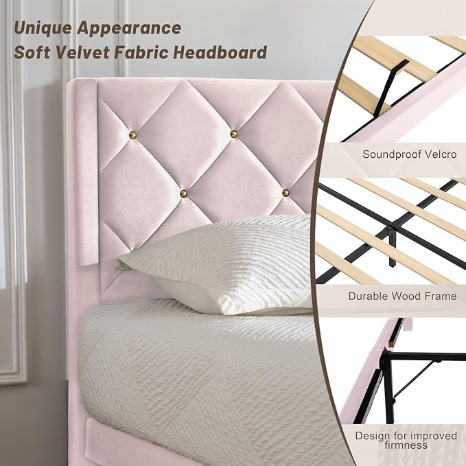 Queen Bed Frame with Headboard, Bed Frame Queen Size with Sturdy Wooden Slats Support, Platform Frame with Velvet Upholstered Headboard, Mattress Foundation, Easy Assembly, No Box Spring Needed Pink