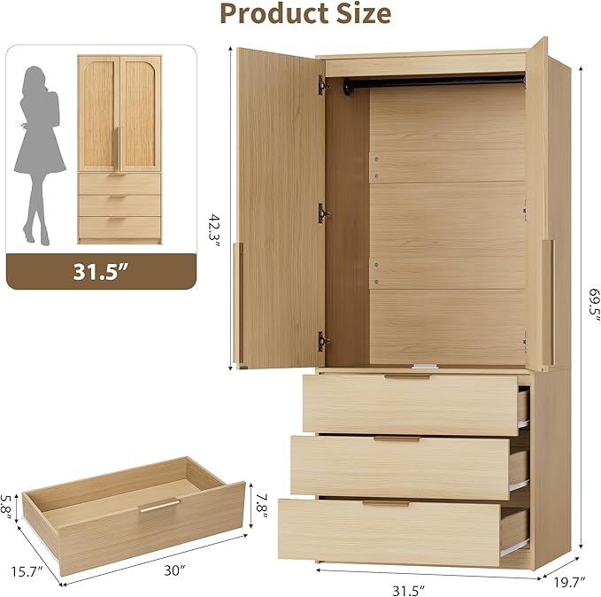 GarveeHome Armoire Wardrobe Closet, 69.5 in Wooden Wardrobe Cabinet with 3 Drawers, Hanging Rod, 2 Doors Clothing Storage Cabinet for Bedroom, Large Capacity Storage, Rattan Door, Natural