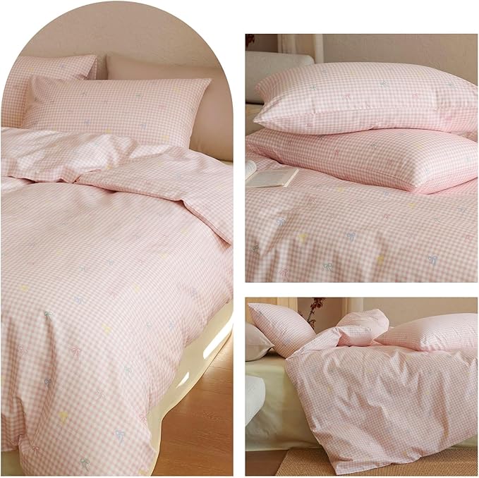 mixinni Gingham Duvet Cover King Size, 100% Cotton Light Pink and White Gingham Bedding Set for Girls, Cute Bow Print Soft Aesthetic Cottagecore Bedding 3 Pieces (1 Duvet Cover + 2 Pillowcases)