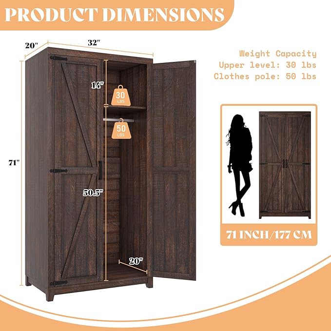 AMERLIFE Set of 2 Farmhouse Armoire Wardrobe Closet with 2 Barn Doors, 71'' Storage Cabinet with Shelf & Hanging Rod, Versatile Clothing Storage for Bedroom, Espresso