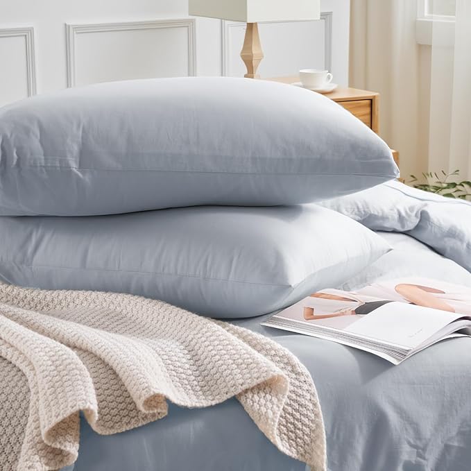 NEXHOME PRO Full Duvet Cover Set, 100% Washed Cotton with Linen-Like Texture, Natural Organic, Breathable & Comfortable, Includes Home Bedding Set Cornflower Blue (No Comforter) 80"x90"