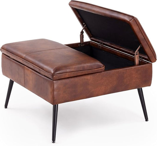 Square Ottoman with Storage, Large Oversized Ottoman Coffee Table, Double Flipping Lid & Mid-Century Modern & Faux Leather Style, Loads 660 lb, for Living Room, Bedroom, Entryway, Retro Brown