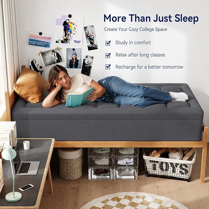ELEMUSE Dual Layer 3 Inch Memory Foam Mattress Topper Twin XL, Dorm Room 2 Inch Cooling Gel Memory Foam Plus 1 Inch Down Alternative Pillowtop Mattress Pad, College Essential, Comfort Support, Grey