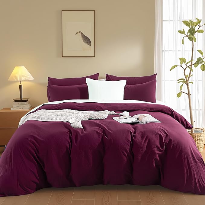 NEXHOME PRO 100% Washed Cotton Duvet Cover Queen Size, Ogranic Natural Linen Feel Breathable Bedding Set with Zipper Closure, 3 Pieces Duvet Cover Set Wine (No Comfortert) 9090
