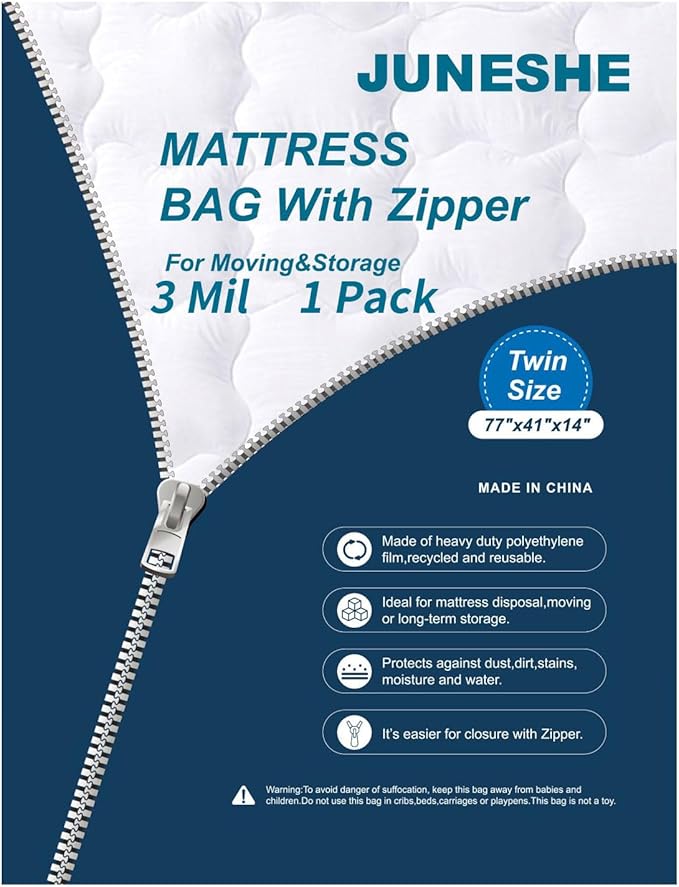 3 Mil Twin Size Mattress Bag with Zipper for Storage Moving,Plastic Waterproof Mattress Protector Cover Moving Supplies