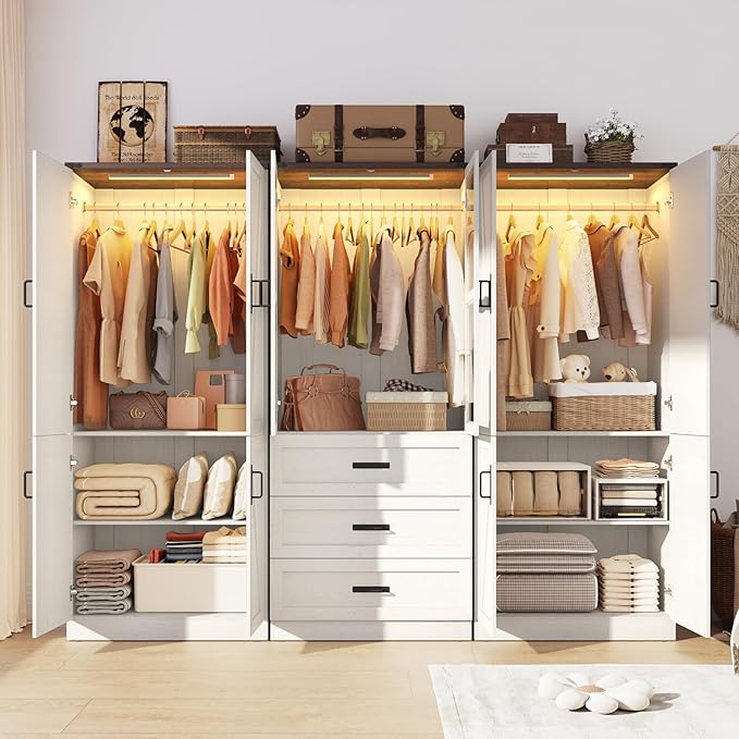 75" Tall Farmhouse 6 Doors Armoire Wardrobe Closet with 3 Drawers and LED,Freestanding Closet Wardrobe Cabinet for Bedroom with Hanging Rod,Wooden Armoire Storage Cabinet(Rustic Off White 6 Doors 1)