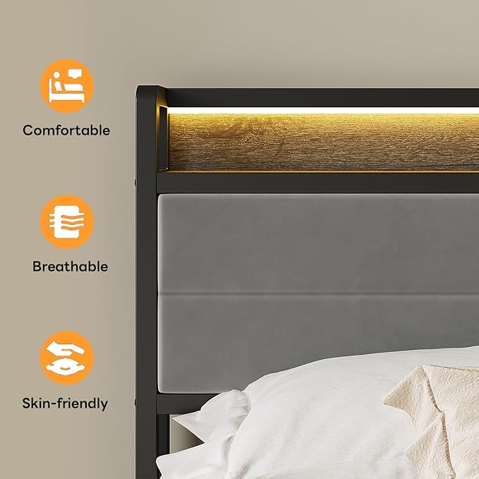 LIKIMIO California King Bed Frame with Storage Headboard & LED Lights, Metal Platform Bed with Charging Station, Noise Free, No Box Spring Needed, Under Bed Storage, Charcoal Gray