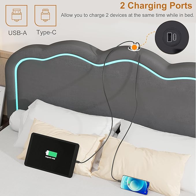 VECELO Upholstered Queen Size Bed Frame with Headboard Adjustable, LED Lights, USB-A & Type-C, Velvet Platform Bed Noise Free, Mattress Foundation with Wooden Slats, No Box Spring Needed, Grey