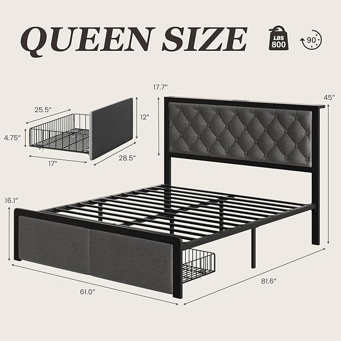 Fluest Queen Bed Frame with 2 Storage Drawers, Upholstered Headboard Button Tufted Bed Frame with Charging Station, No Box Spring Needed, Noise-Free, All Metal Structure, Grey