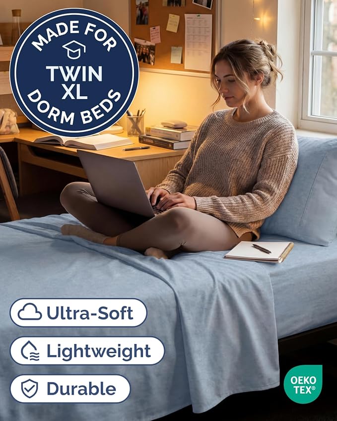 Twin XL Size 3 Piece Sheet Set - Comfy Breathable & Cooling Sheets - Hotel Luxury Bed Sheets for Women & Men - Deep Pockets, Easy-Fit, Soft & Wrinkle Free Sheets - Heathered Blue Oeko-Tex Bed Sheets