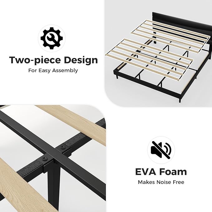 GarveeHome King Modern Upholstered Bed Frame with Soft Padded Headboard,Sturdy Metal Steel Slat Support, Noise-Free Quiet Design,Easy Assembly,Heavy Duty Stable Bed Frame(Black)