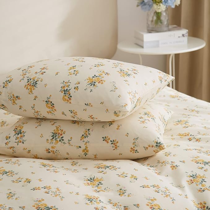 mixinni Aesthetic Floral Duvet Cover Set Twin XL Size, Farmhouse Boho Yellow Flowers Leaves Cute Bedding Set for Women, 1 Soft Cotton Chic Duver Cover and 2 Pillowcases for All Seasons-Twin XL Size