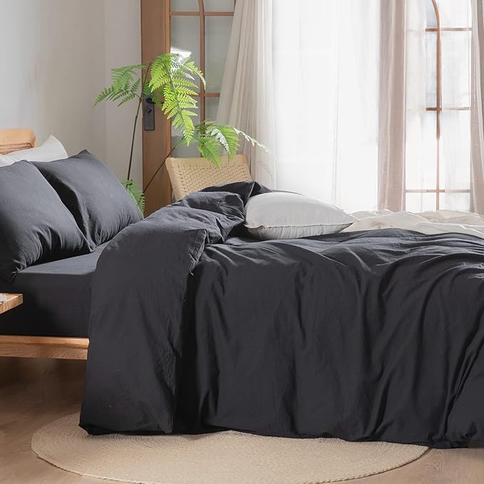 BESTOUCH Duvet Cover Set 100% Washed Cotton Linen Feel Super Soft Comfortable Chic Lightweight 3 PCs Home Bedding Set Solid Deep Black Super King