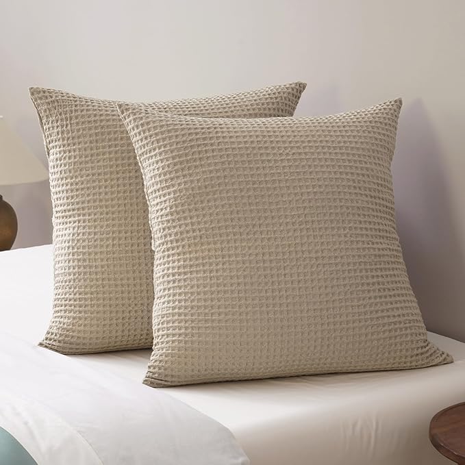 PHF Ultra Soft Waffle Weave Euro Shams Pillow Covers, No Filling, 2 Pack 26" x 26" Bed Cushion Covers, Breathable & Skin-Friendly Bed Pillow Shams for Stylish Home Decor, Khaki