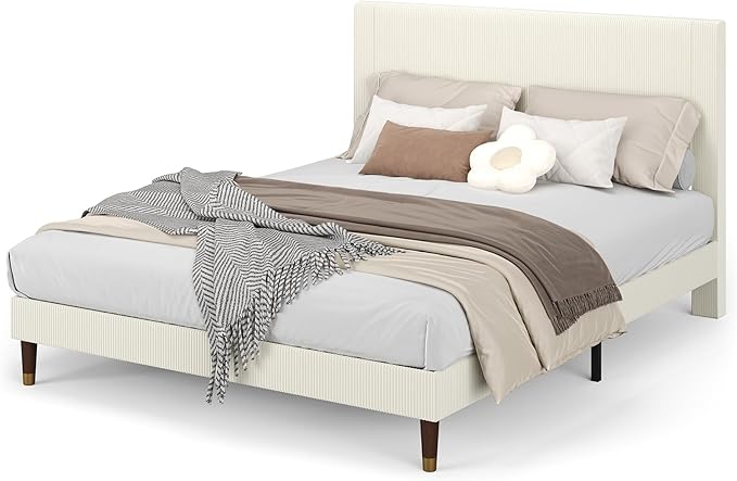 GarveeHome Full Size Bed Frame with Upholstered Headboard and Strong Wooden Slats Support, Soft Corduroy Fabric Platform Bed, No Boxing Spring Needed, Easy Assembly, Beige