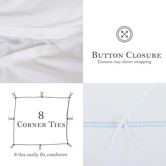 Dreamology White Duvet Cover Luxury Hotel Quality Bedding Set 100% Cotton Embroidered Duvet Covers with 2 Pillow Shams Hypoallergenic Zipper Closure 3 Pieces Duvet Set (Sky Blue, Full)